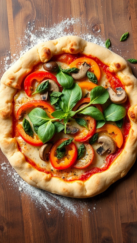 A whole wheat pizza crust topped with colorful vegetables and melted cheese on a wooden table.